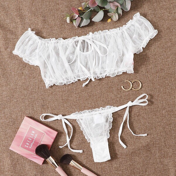 Summer Off-Shoulder Lace Sleepwear Set for Women – Floral Mesh Bralette & Matching Bottoms with Adjustable Ties - 026 White Plum Blossom