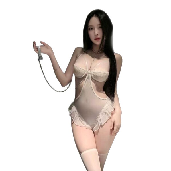 Woman modeling baiyueguang sheer mesh lingerie set with ruffles, open-crotch design, and decorative chain detail.