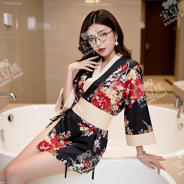 A woman poses elegantly wearing a baodoubear japanese-style lingerie set, featuring a floral kimono-inspired design with a be...