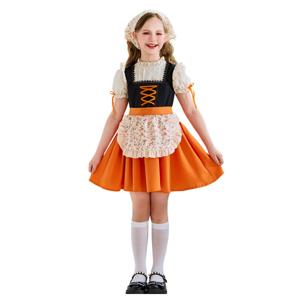 A young girl wears a charming bavarian dirndl dress, perfect for oktoberfest celebrations. the outfit features an orange skir...