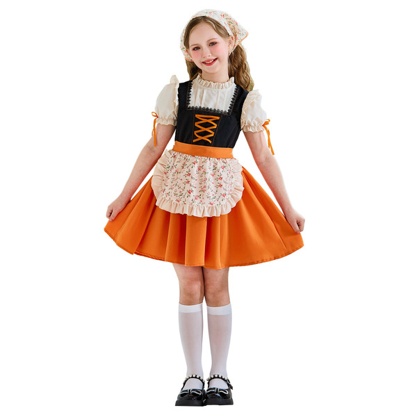 A young girl wears a charming bavarian dirndl dress, perfect for oktoberfest celebrations. the outfit features an orange skir...