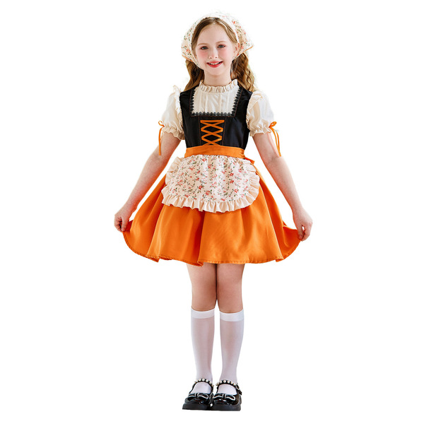 A young girl wears a vibrant bavarian dirndl dress, featuring an orange skirt, floral apron, and black bodice with lace trim....