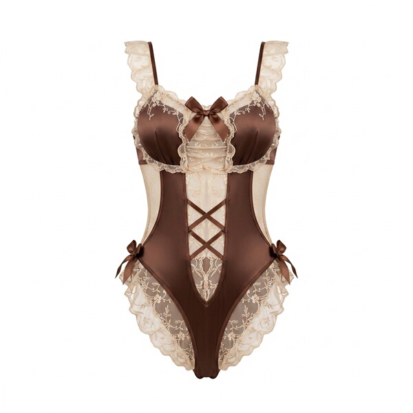 Brown lace-trimmed bodysuit with bow details and open-crotch design, perfect for couples intimate moments.