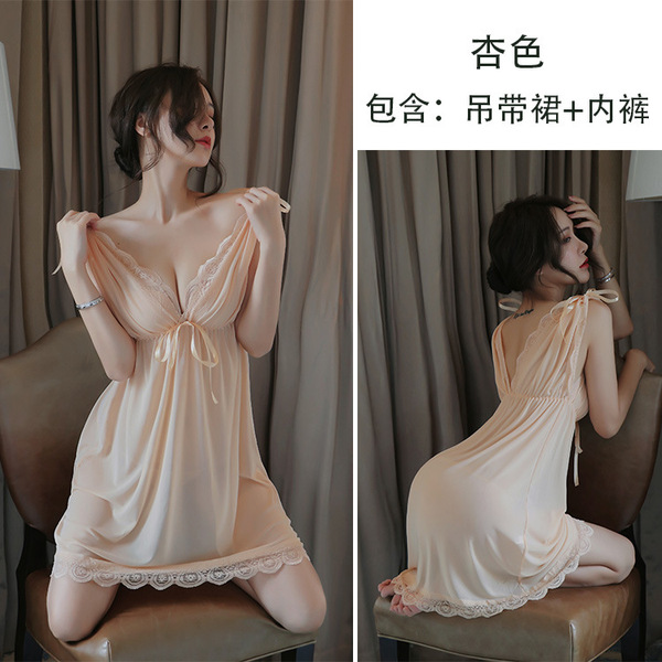 Plus Size Sexy Sleepwear for Women – Sheer Mesh Lace Nightgown, Elegant Transparent Silk Sleep Dress - apricot