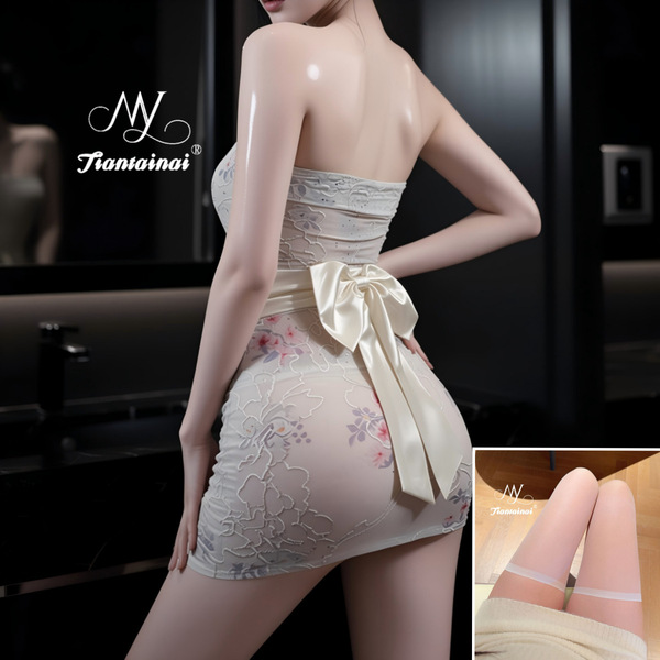 Lace Embroidered Kimono-Style Sheer Bodysuit Set - Sexy Wrap Dress & Bodycon Outfit for Women - Beige + white silk