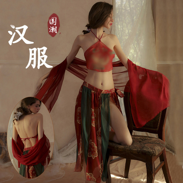 Dunhuang-Inspired Sheer Lingerie Set - Chinese Hanfu-Style Erotic Sleepwear for Women, No-Remove Design - 【1113】Dudou (traditional Chinese top) + jacket + long skirt + T-shirt