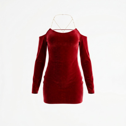 Sexy christmas red dress with seductive split chain design, no-remove style, perfect for festive occasions.