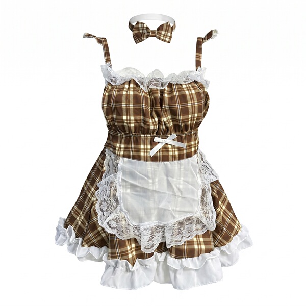 Brown plaid maid costume with white lace apron and bow headband, seductive lingerie set for playful nights.