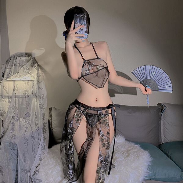 Vintage Chinese-Style Lingerie Set - Plus Size Silk Qipao Role Play Outfit for Sensual & Elegant Wear - Black Angel [Outerwear + Bellyband + Underwear]