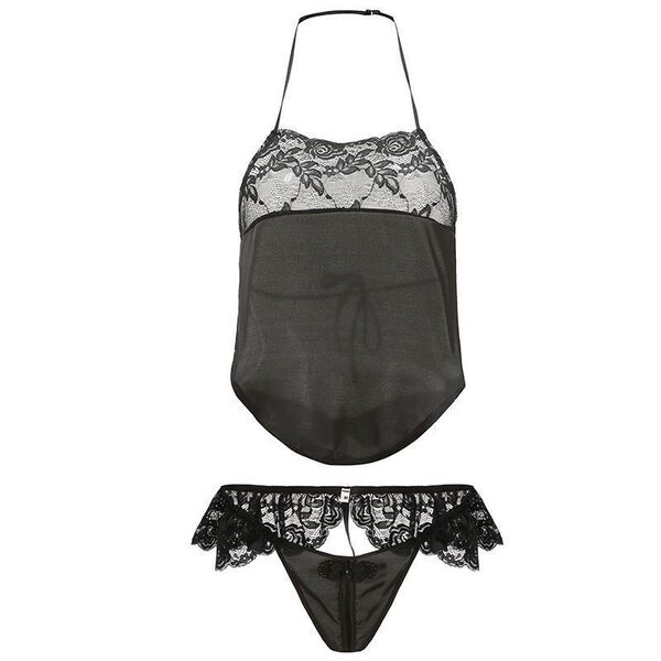 Mannyqing Plus Size Lingerie Set - Sexy Lace Sheer Mesh Cami & Brief Set for Women - Black + open-crotch black socks