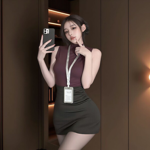 Sexy OL Secretary Costume - New Seductive Lingerie Outfit for Date Night & Role Play - Purple-black + black open-crotch stockings