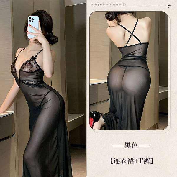 Fan Lei Sexy Long Dress - Sheer Lace OL Office Outfit Nightclub Costume Sleepwear Set - Black [with thong]