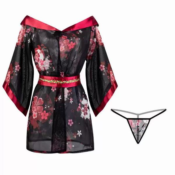 Japanese-Inspired Sheer Kimono-Style One-Shoulder Lingerie Set for Curvy Women - Sexy, No-Remove Design - Black + thong + red stockings