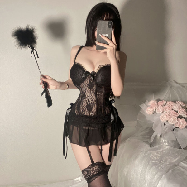 Pure & Playful Lingerie Set - Sexy Minimalist Women's Uniform Style Sleepwear with Corset Vest - Black + Black Butterfly Stockings