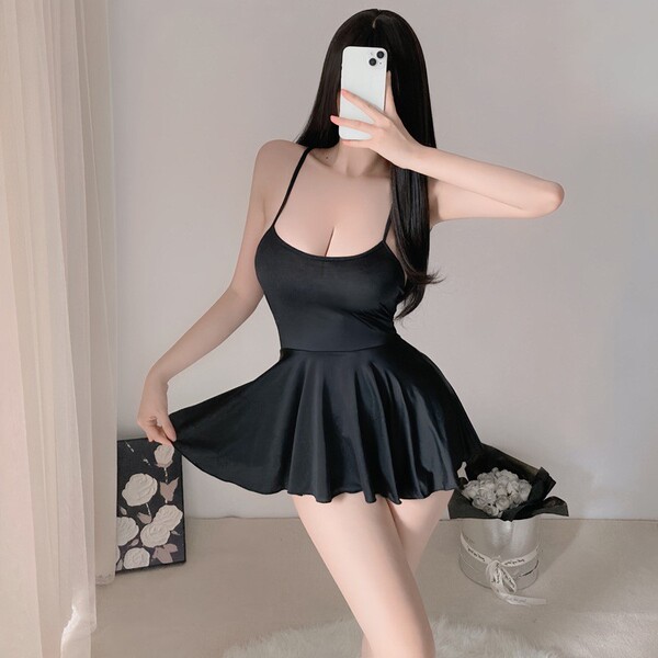 Pure & Alluring Silk-Look Lace Sleep Dress - Sexy Sheer Babydoll Nightgown with Backless Design for Women - Black + Black Open Crotch Socks