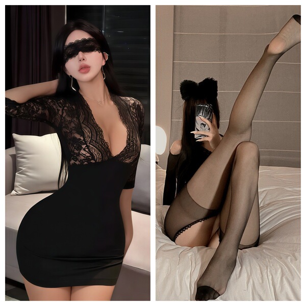 Sexy Secretary OL Outfit - Hot Bodycon Dress & Matching Lingerie Set for Role Play & Date Night - Black + Black Open Crotch Socks