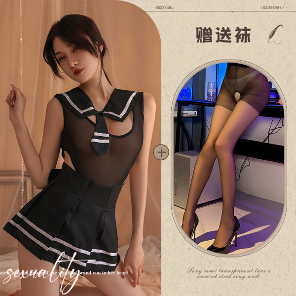 Qiaozhiqing Seductive Modest Lingerie Set - Two-in-One Schoolgirl JK Dress with Matching Handcuff Accessories - Black + Black Open Crotch Socks