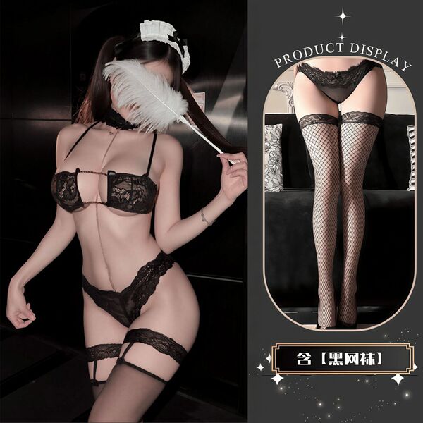 QQNY Pure Allure Sleepwear Set – Luxury Sensual Lingerie for Women, Soft Satin Bedroom Outfit - Black + Black Open Crotch Socks