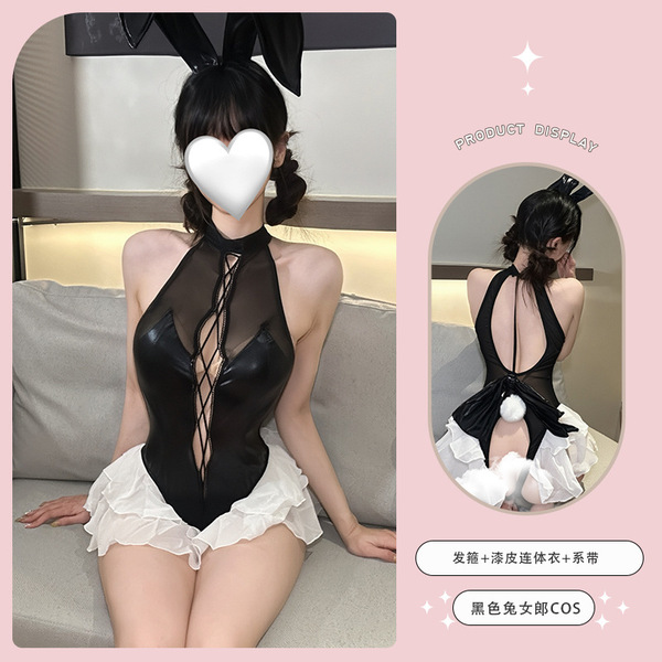 Sexy PVC Lace Bunny Costume - Mesh Rabbit Girl Bodysuit with Ties, Open-Front Latex-Inspired Erotic Outfit - Black + Black Open Crotch Socks