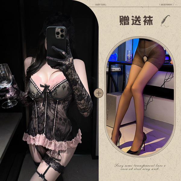 Manyeqing Lace Lingerie Set - Deep V Push-Up Sexy Mesh Slip Dress with Sheer Allure - Black + Black Open Crotch Socks