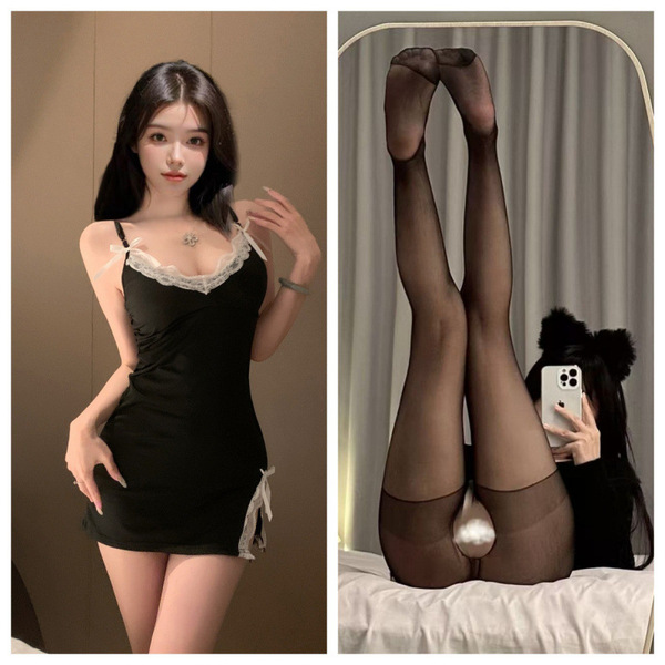 Hanno Sensual Lingerie Set - Pure & Tempting Sleepwear for Romantic Nights - Black + Black Open Crotch Socks