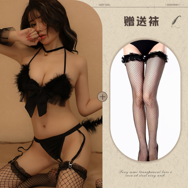 Mannye Qing Lingerie Set - Sexy Feathered Backless Thong Bodysuit with Bow Detail, Seductive Wife Style Outfit - Black + Black Lace Fishnet Stockings