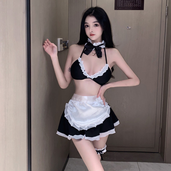 Suoqing Maid Costume Set - Cute Vacuum-Effect Lingerie Outfit, 6-Piece Soft & Playful Uniform Ensemble - Black + Black Lace Stockings