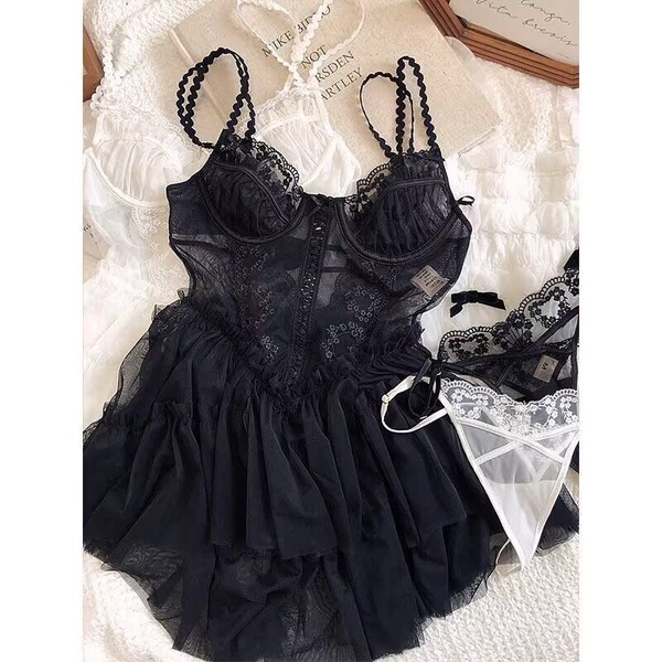 Sexy Lace Cami Nightgown for Women - Sheer Mesh Sleep Dress with Floral Trim, Pure & Alluring Lingerie Set - Black + Black Mesh