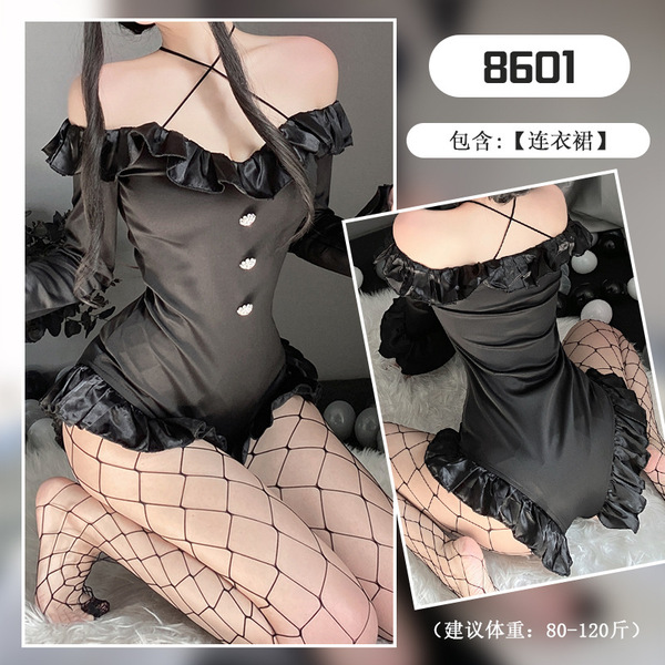Sexy One-Shoulder Lace Bodysuit Set for Women – Flirty Ruffled Long Sleeve Bodycon Outfit - Black + Black Mesh Pantyhose
