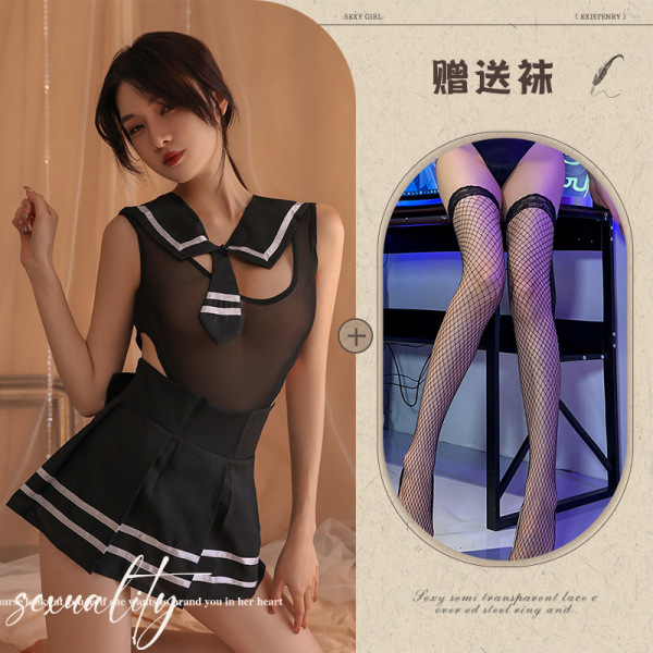 Qiaozhiqing Seductive Modest Lingerie Set - Two-in-One Schoolgirl JK Dress with Matching Handcuff Accessories - Black + Black Fishnet Stockings