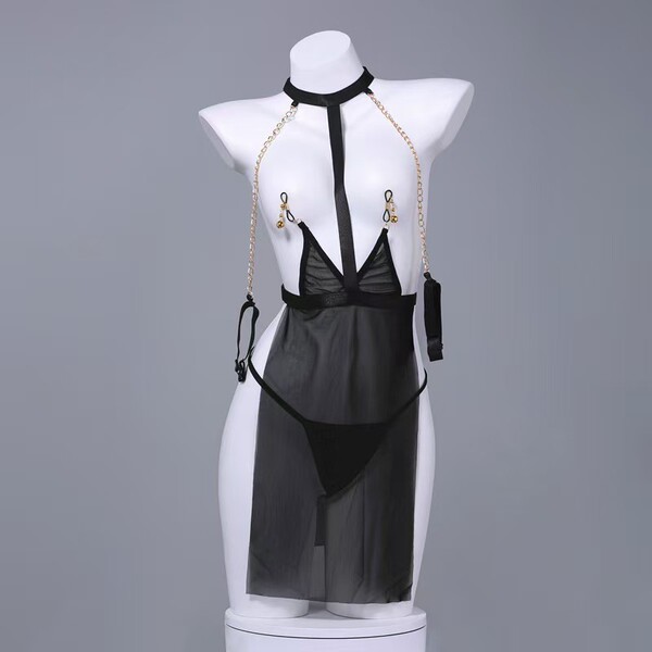 Sexy Sheer Lace Bodysuit with Clip-On Neck Strap - Seductive Adult Costume for Intimate Play - Black + Black Fishnet Stockings