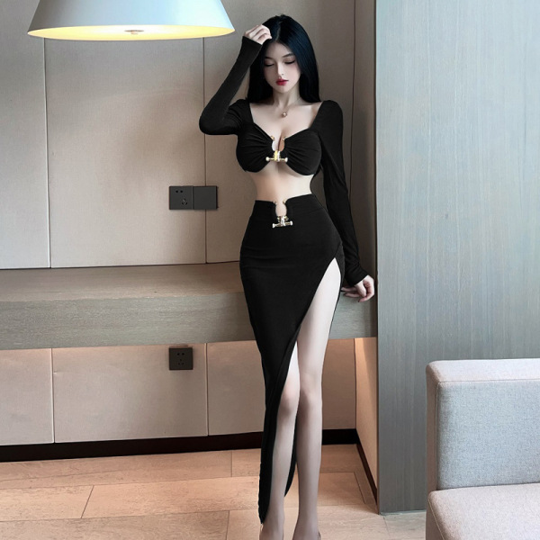 Liaru Sexy Lace Bodysuit with Long Sleeves & High Slit - Provocative Sheer Mesh Bodycon Dress for Women - Black + Black Fishnet Stockings