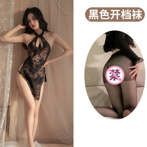 Sheer Lace Cheongsam Lingerie Set - Seductive Split Sleeve Sleepwear & Uniform Style Outfit - Black + Black Open Crotch Stockings