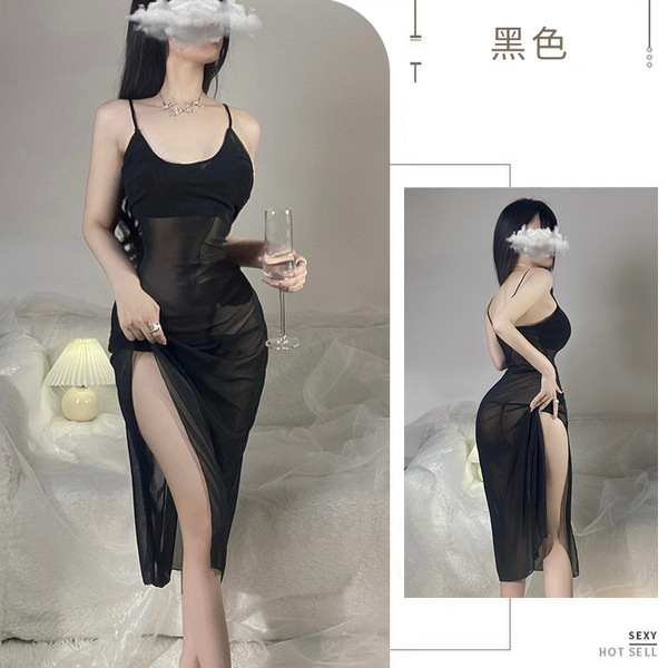 Women's Plus Size Sexy Lace Mesh Long Nightgown - Transparent Seductive Sleep Dress for Intimate Nights - Black + Black Open Crotch