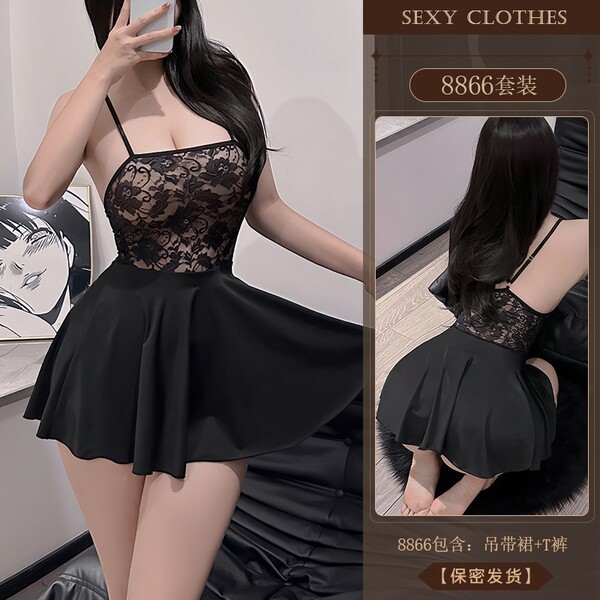Sexy Lace Sleep Dress - Sheer Temptation Nightgown Set for Women, Pure & Seductive Lingerie - Black + Black Open Crotch Socks