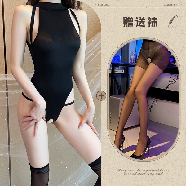 Mannyqing Seductive Lace Bodysuit - No-Remove Uniform Style Ice Silk Open-Crotch Romper for Bedroom Passion - Black + Black Open Crotch Socks