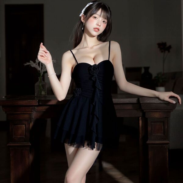Mannyqing Lingerie Dress - Pure Temptation Halter Neck Mesh Slip Dress, Sexy Low-Cut Sleepwear for Women - Black + Black Open Crotch Socks