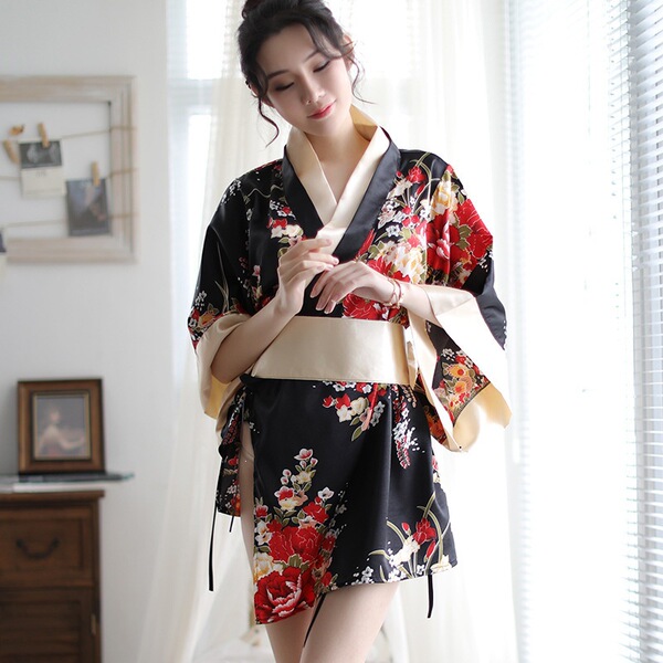Mannyqing Japanese Kimono Lingerie Set – Sexy & Playful Role Play Outfit for Women - Black + Black Opening