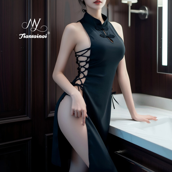 Sexy Lace Side-Cutout Cheongsam Sleepwear Set – Vintage Floral Erotic Lingerie for Women - Black + Black Stockings