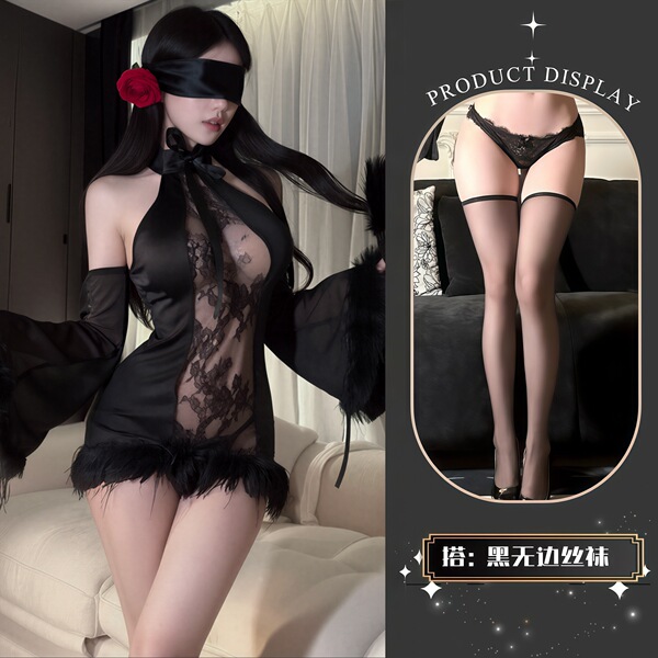 QQNY Pure Allure Sleepwear Set – Luxury Sensual Lingerie for Women, Soft Satin Bedroom Outfit - Black + Black Boundless Stockings