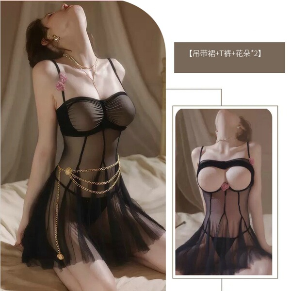 Pure & Playful Milk-Cap Lace Sleep Dress - Sheer Mesh Babydoll Nightgown with Push-Up Design - Black + black stockings