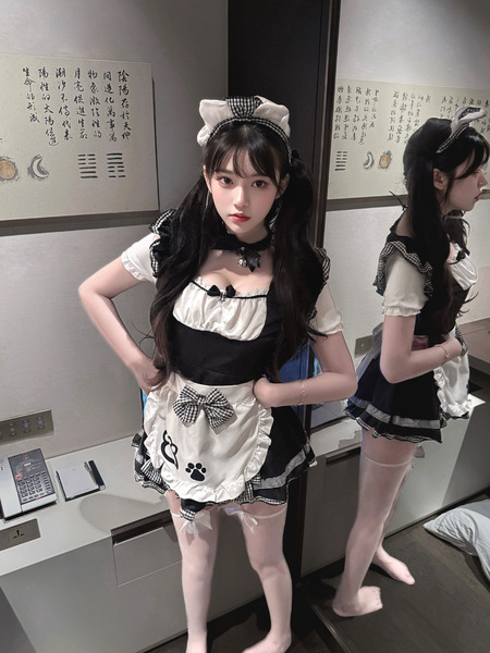 Adorable Anime Maid Costume for Women – Cute Cat-Ear Lolita Cosplay Dress with Soft Girly Design - Black + black stockings