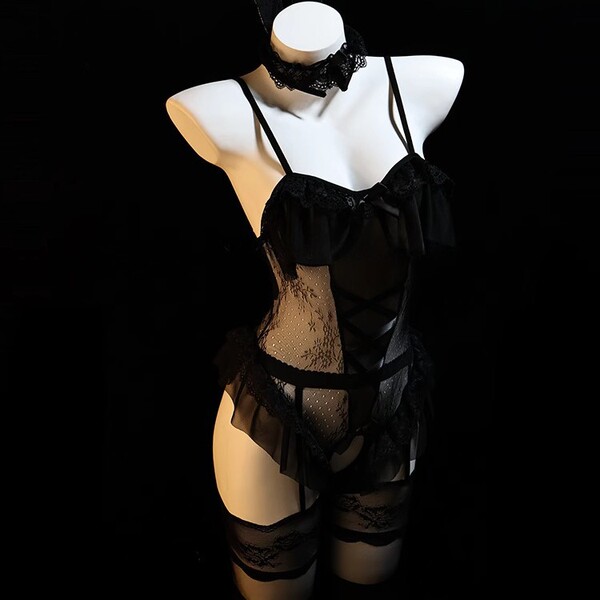 Rabbit Girl Lingerie Set - Sexy Tight-Fit Costume Sleepwear for Women, Pure Temptation Outfit - Black + black stockings