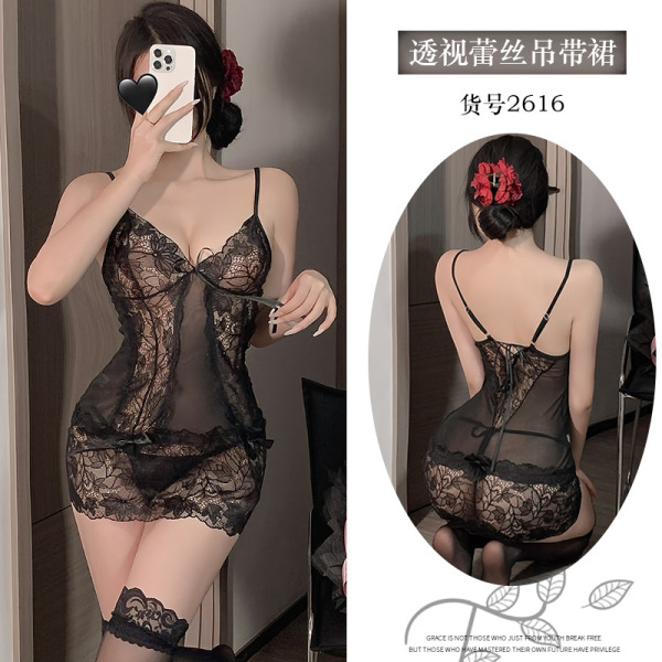Luxury Pure-Seduction Lace Sleep Dress for Women – Elegant Sheer Babydoll Nightgown with Adjustable Straps - Black + black stockings