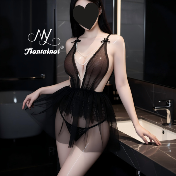 Seductive Sheer Lace Sleepwear Set - Sexy Transparent Lingerie for Women, Pure & Tempting Nightwear - Black + black stockings