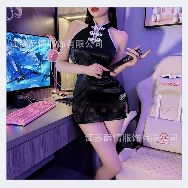 Sultry Lace Cheongsam Sleepwear Set for Women - Sexy Open-Side Backless Costume Outfit - Black + black stockings