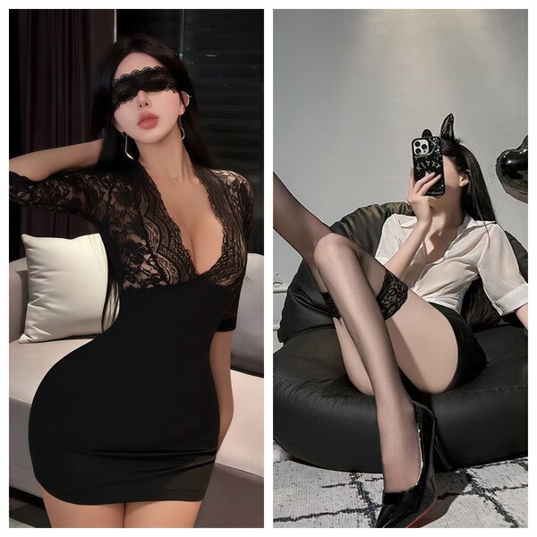 Sexy Secretary OL Outfit - Hot Bodycon Dress & Matching Lingerie Set for Role Play & Date Night - Black + black stockings