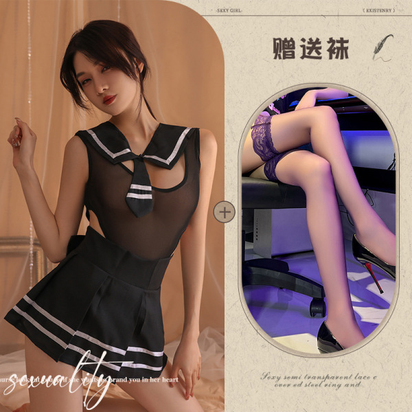 Qiaozhiqing Seductive Modest Lingerie Set - Two-in-One Schoolgirl JK Dress with Matching Handcuff Accessories - Black + black stockings