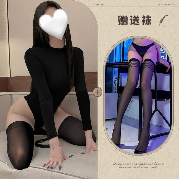 Seductive Women's Lingerie Set - Open-Crotch Costume with Bondage Style for Intimate Nights - Black and black striped stockings