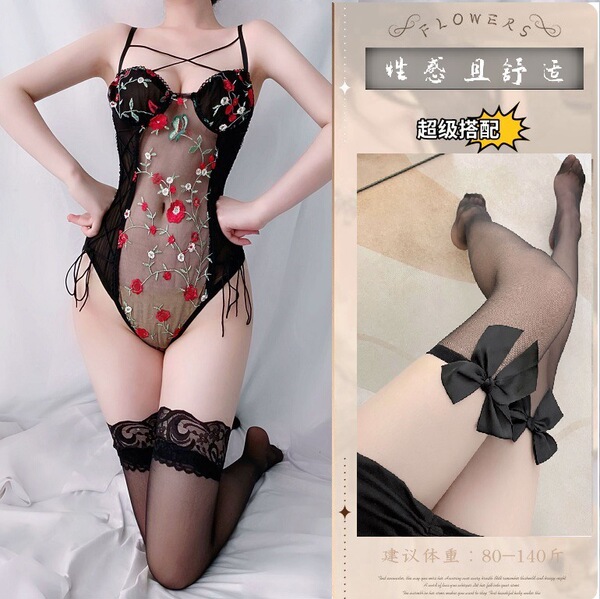 Seductive Maid Costume Lingerie Set - Modest Yet Tempting QQNY Erotic Sleepwear for Women - Black bodysuit + black bow-tie stockings